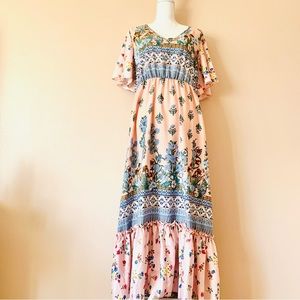 Shein Curve Pink, Blue Yellow & Brown Floral Ruffled Maxi Dress.